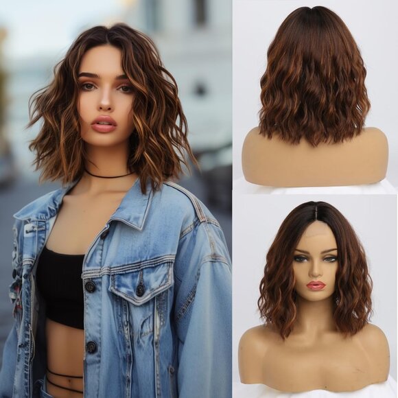 Short Brown Highlight Wigs for Women Shoulder Length Bob Curly Wavy Middle Part